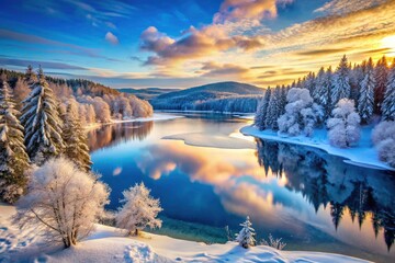 Obraz premium Frozen Lake Winter Wonderland: Aerial Snowscape Photography