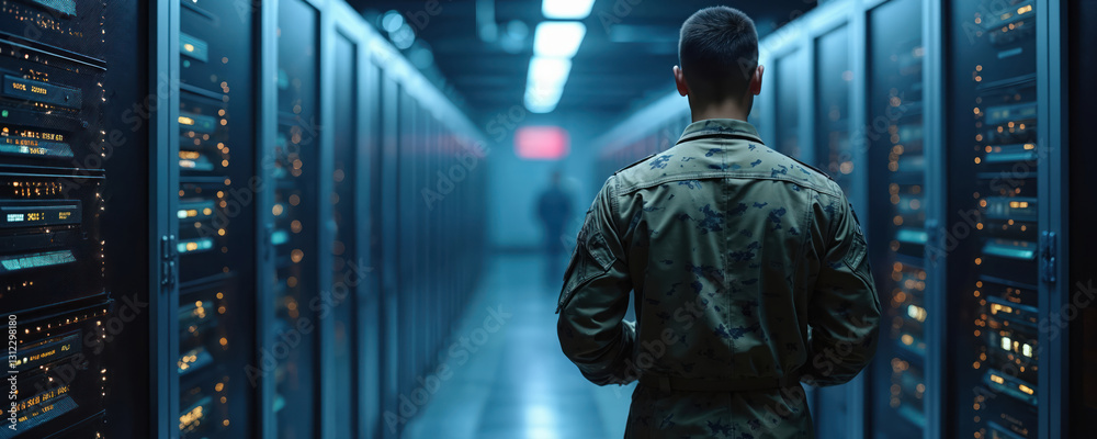 Poster backview of soldier in camouflage uniform stands in dark server room, modern military cyber defense.