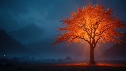 Majestic Glowing Orange Tree Under Starlit Sky in a Foggy Night Landscape