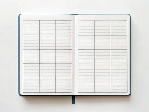An open planner with blank pages, showcasing a clean layout ideal for organizing tasks and schedules.