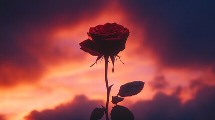 A captivating image of a red rose silhouette set against a vibrant, dramatic sunset sky with colorful clouds.