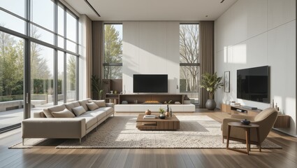 Fototapeta premium Spacious Modern Living Room With Elegant Furnishings And Abundant Natural Light