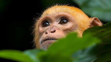 Fototapeta premium Closeup Portrait of a Young Golden Monkey Among Lush Green Leaves