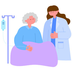 doctor examining a senior woman in a hospital bed, patient care flat vector illustration