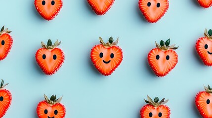 Happy Strawberries with smiles arranged on a blue background, for posters or kid's education materials