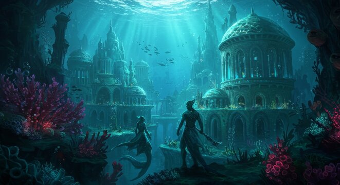 Generative AI Underwater Atlantis Fantasy Kingdom with Merfolk Atlantis underwater city merfolk fantasy architecture coral reef ocean digital art kingdom fish mystery adventure wonder