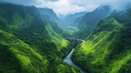 Fototapeta premium Exploring majestic green valleys and rivers scenic landscape lush environment aerial view nature's beauty