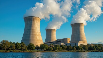Nuclear Power Plant with Cooling Towers Emitting Steam Under a Clear Blue Sky