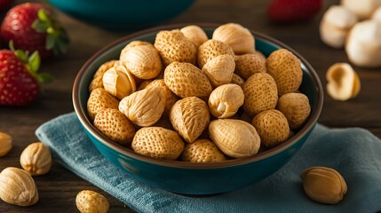 Hazelnuts in bowl on table, strawberries blurry in background. Food blog, snack website use