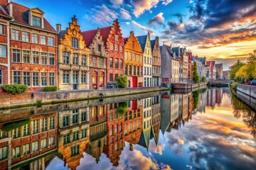 Fototapeta premium Ghent Canal Houses, Double Exposure Photography, Belgian Architecture, Brick Buildings, Unique Facades