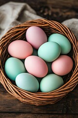 Easter Holiday, Easter Concept, Pastel Pink and Mint Green Easter Eggs in a Wicker Basket on Rustic Wood