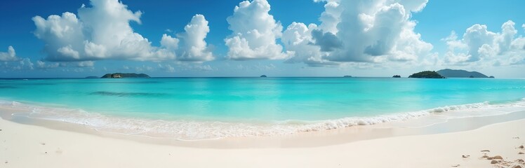 Fototapeta premium Panoramic shot of tropical island coast. White sand beach meets turquoise sea under blue sky with cumulus clouds. Waves roll gently onto shore. Vacation paradise with copy space for travel ads.