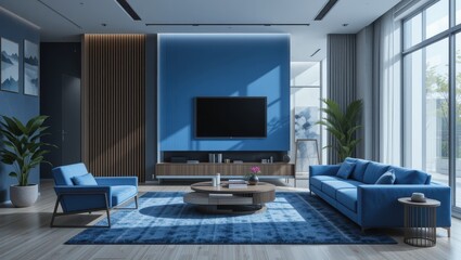 Modern Living Room Design Featuring Blue Sofas and Large Television in Bright Spacious Space