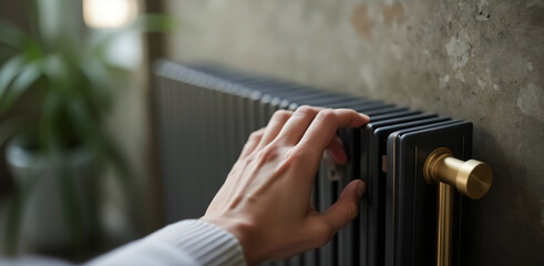 person's hand gently adjusting a contemporary dark-gray radiator with a gold-toned knob.