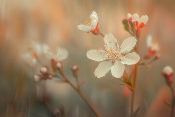 Fototapeta premium Beautiful blooming sakura flowers on blurred background closeup cherry blossom in spring macro photo with shallow depth of field .