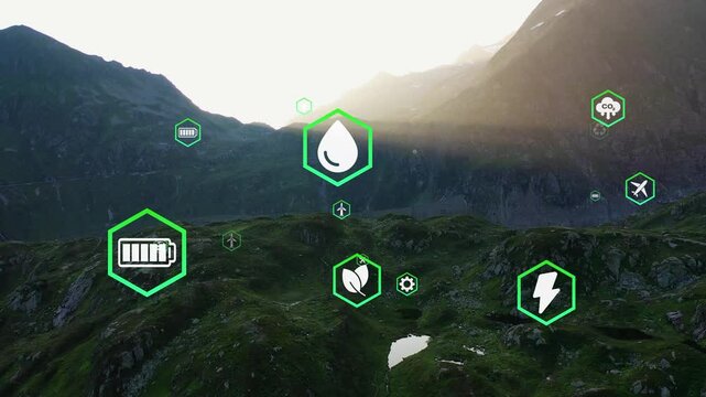 Animation of network of eco icons over cityscape. Global environment, connections, computing and data processing concept digitally generated video. 4K. - Powered by Adobe