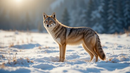 Fototapeta premium Coyote Standing Gracefully in a Snowy Landscape with Sunlight Filtering Through Forest