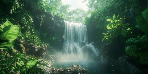 Serene Waterfall Flows Through Rugged Rock Formation in Wilderness