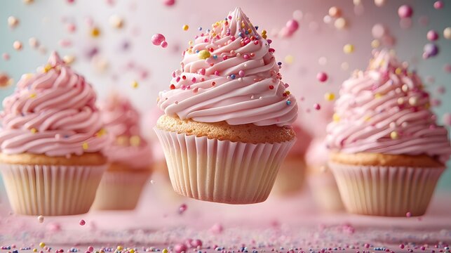 Cupcakes Floated Joyfully with Vibrant Sprinkles Beneath a Serene Pastel Sky