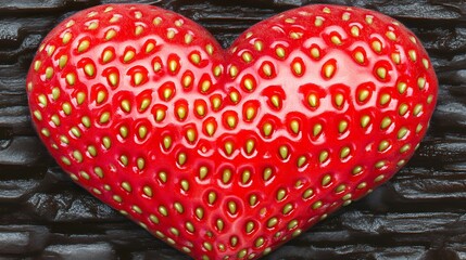 Heart-shaped strawberry on dark stone texture. Valentine's Day promo. Food background