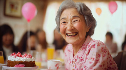 A joyful elderly woman celebrates with friends at a lively party, making it perfect for birthday invitations, retirement celebrations, or family gatherings.