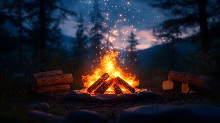 An enchanting summer night scene with a glowing campfire pit, surrounded by logs under a sky filled with twinkling stars