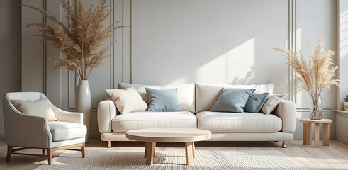sunlit living room with cream sofa and blue pillows
