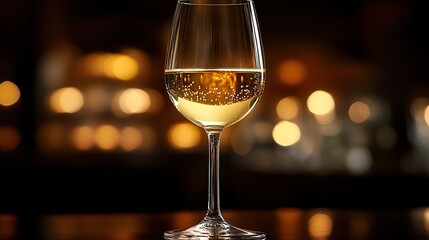 a close up view of an elegant white wine glass showcasing its slender stem and bowl filled with a pale yellow liquid