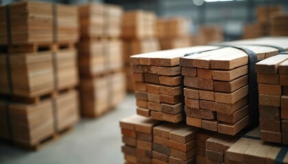 Stacks of wood planks in warehouse. Building materials softwood lumber are stacked for construction. Woodworking industry, timber trade. Storage of processed timber. Sustainable forestry and logging.