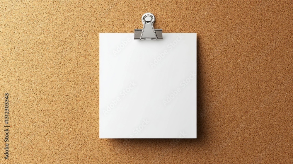 Poster a pristine sheet of white paper is secured by a shiny silver clip against a warm cork board. this mi