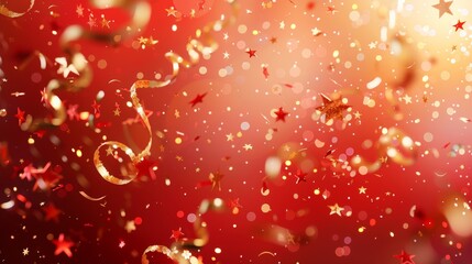 Generate a bright red gradient background with layers of shimmering golden confetti, including stars and spirals
