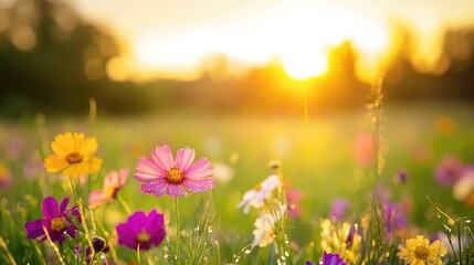 A colorful field of wildflowers blooming in the warm sunlight during springtime.