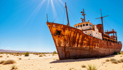 Rusty ship stranded in desert sand under blue sky, nature's decay