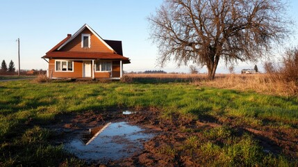 A quaint house surrounded by lush grass and a solitary tree under a clear blue sky.