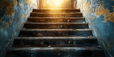 Abandoned Concrete Staircase with Cracked Surfaces and Rusted Railings