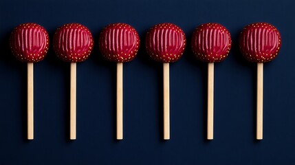 Lollipops aligned on dark background for treat visuals, product promotion, candy store ad