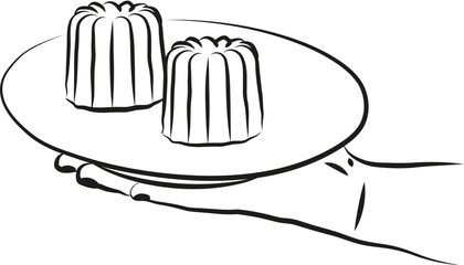 Une illustration d'une main tenant une assiette avec deux cannelés pâtisserie française