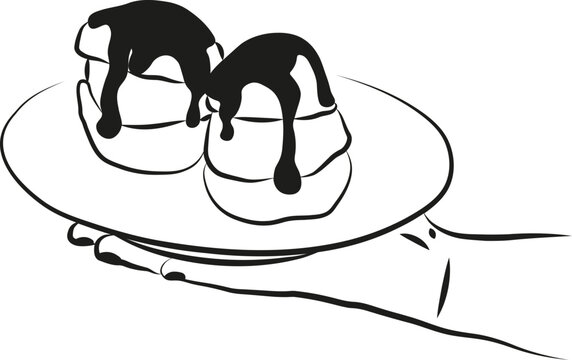 Une illustration d'une main tenant une assiette avec des profiteroles p&acirc;tisserie fran&ccedil;aise