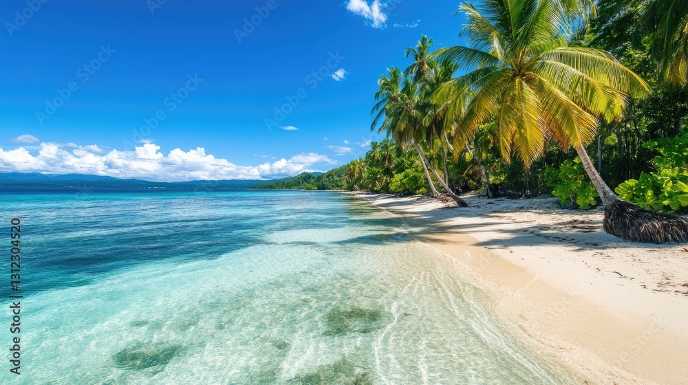 Wall mural a serene tropical beach with palm trees, crystal-clear water, and a bright blue sky.