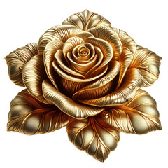 Golden metallic rose blossom close up, featuring intricate petal details with a shiny, polished finish. It represents beauty and luxury. isolated on white background