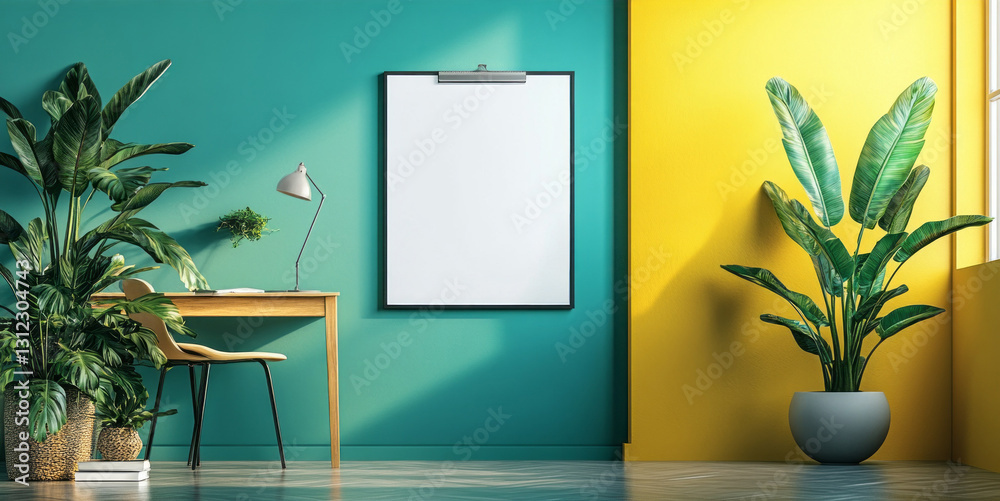 Poster a blank sheet of paper is elegantly clipped on a wall in a lively workspace, surrounded by lush gree