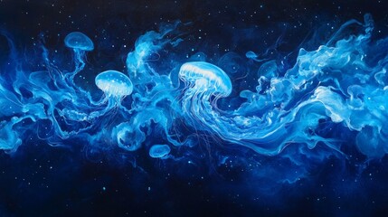 Abstract jellyfish glowing on a deep blue ocean background generative ai