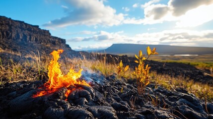 Naklejka premium A vibrant scene showcasing fire in a lush landscape under a clear blue sky.