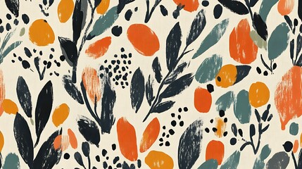 Abstract floral pattern with orange and teal brush strokes on a cream background
