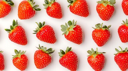 Many strawberries aligned on a white surface, seen from above, can be used for ads or menu design