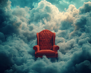 Red velvet armchair on cloudscape, showcasing fantasy, dreams, or relaxation concepts.  Suggests tranquility and escape
