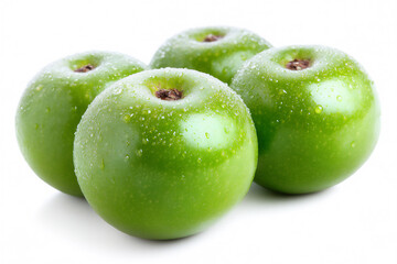 a photograph of three green guavas on a white background with no shadows.