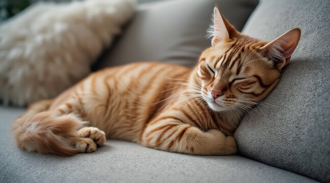 ginger tabby cat napping peacefully on gray couch