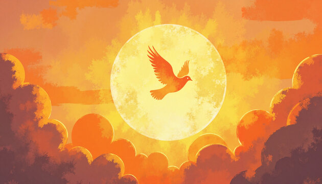 Glowing bird silhouette soaring in dreamy sky, celestial symbolism