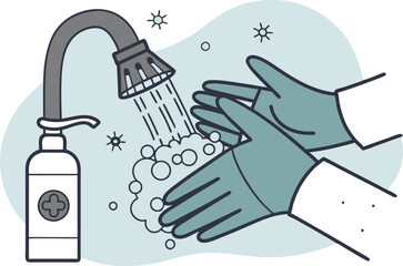 A clean and minimalistic vector illustration of hands being washed with soap